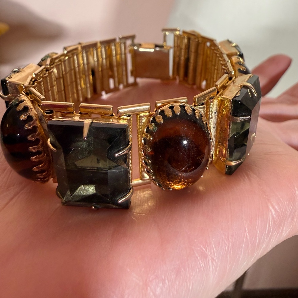 Antique 1930’s 40’s art deco oversized Amber Grey Glass Wide Gold Bracelet
